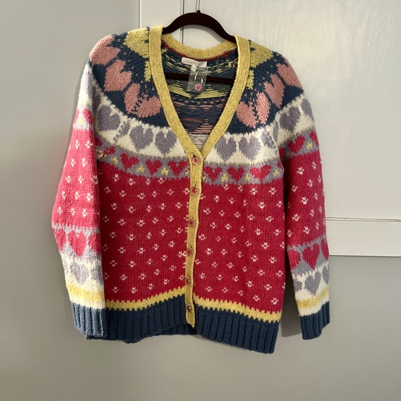 LOVESHACKFANCY Deena Pink Cardigan Sweater Small Hearts Floral